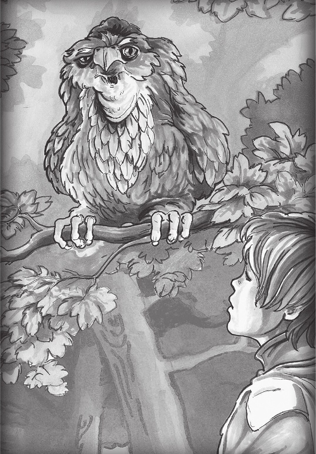 A young traveller meeting a great owl-like creature in an original Dream Labyrinth illustration