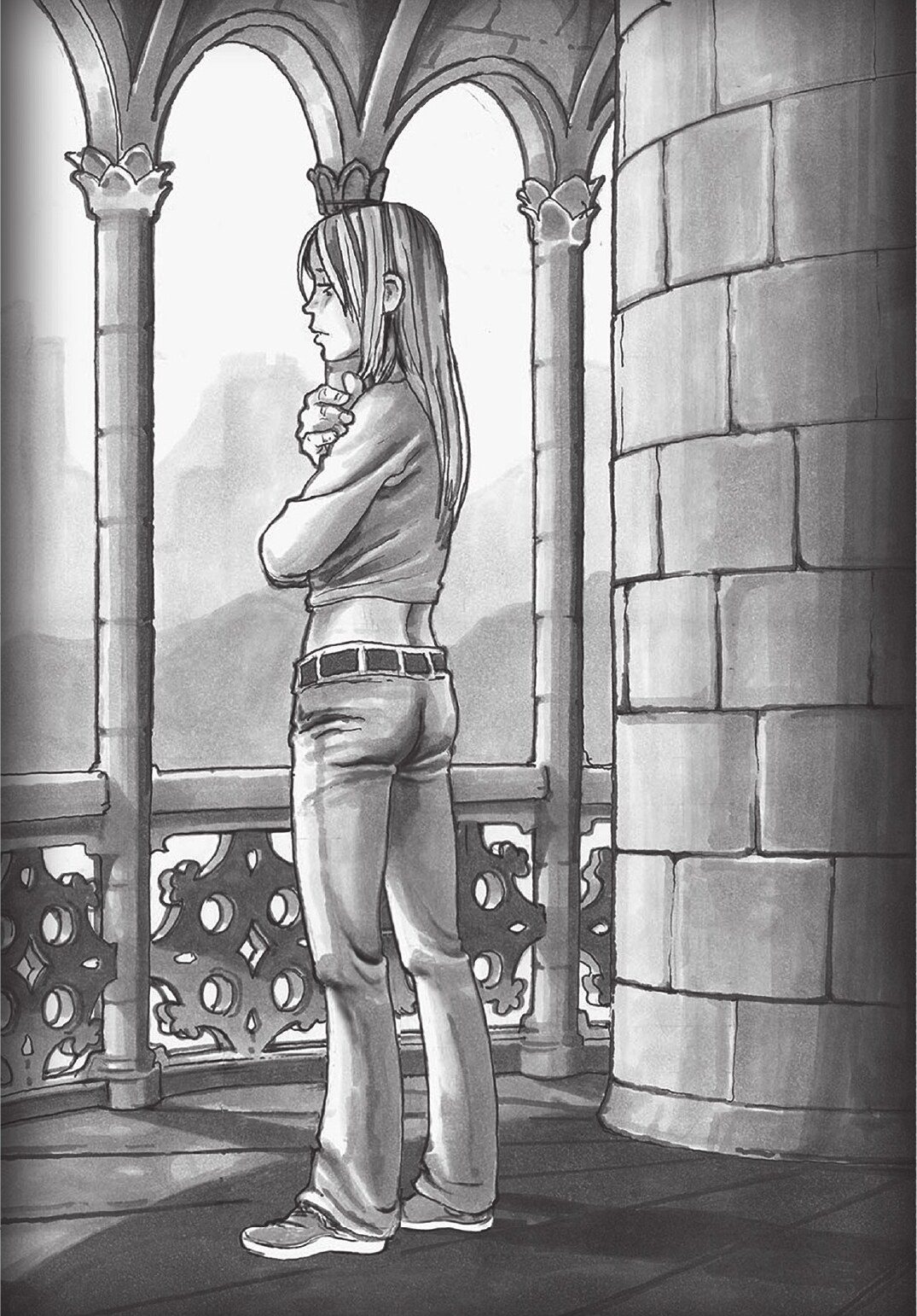 Abigael looking from the arches of a vast castle in an original Dream Labyrinth illustration