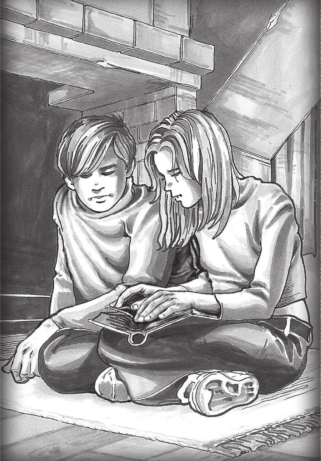 David and Abigael sitting together over an open book in an original Dream Labyrinth illustration