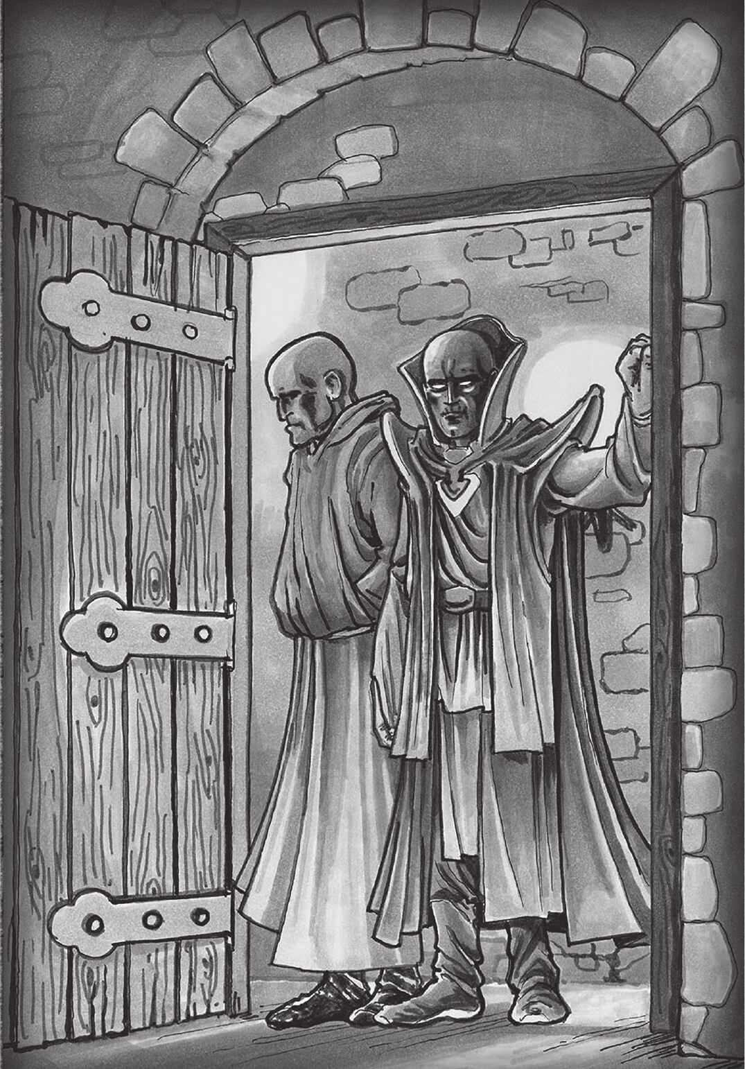 Two figures at a palace door in an original Dream Labyrinth illustration