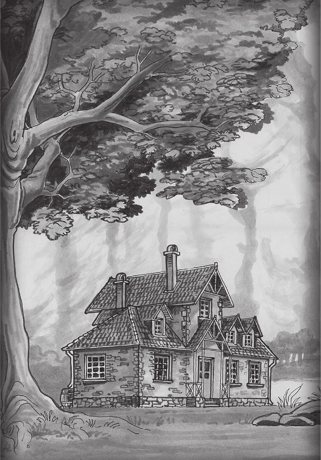 Westinghouse Manor beneath wind-blown trees in an original Dream Labyrinth illustration